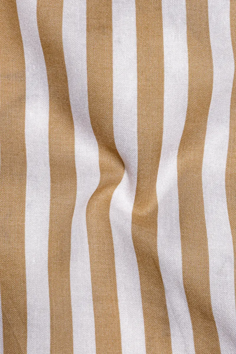 Brunoro-Sandy Brown And Bright White Striped Subtle Sheen Super Soft Premium Cotton Mandarin Dress Shirt 3