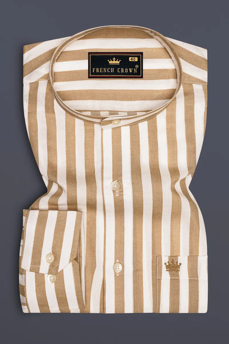 Brunoro-Sandy Brown And Bright White Striped Subtle Sheen Super Soft Premium Cotton Mandarin Dress Shirt 4