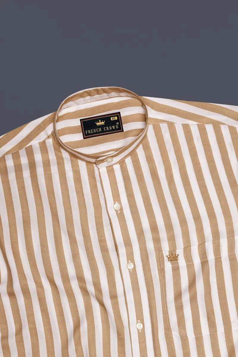 Brunoro-Sandy Brown And Bright White Striped Subtle Sheen Super Soft Premium Cotton Mandarin Dress Shirt 5