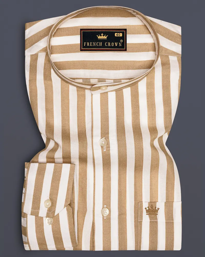 Brunoro-Sandy Brown And Bright White Striped Subtle Sheen Super Soft Premium Cotton Mandarin Dress Shirt 6