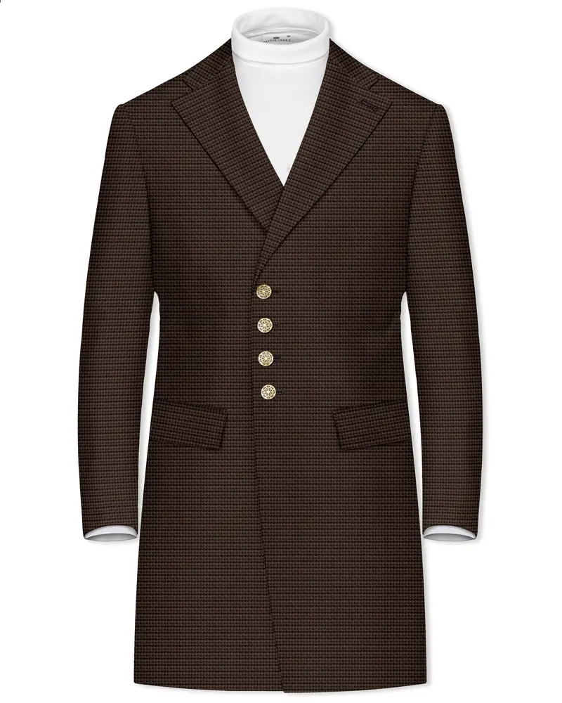 Brunwick-Cocoa Brown Houndstooth Textured Wool Rich Single Breasted Overcoat 1