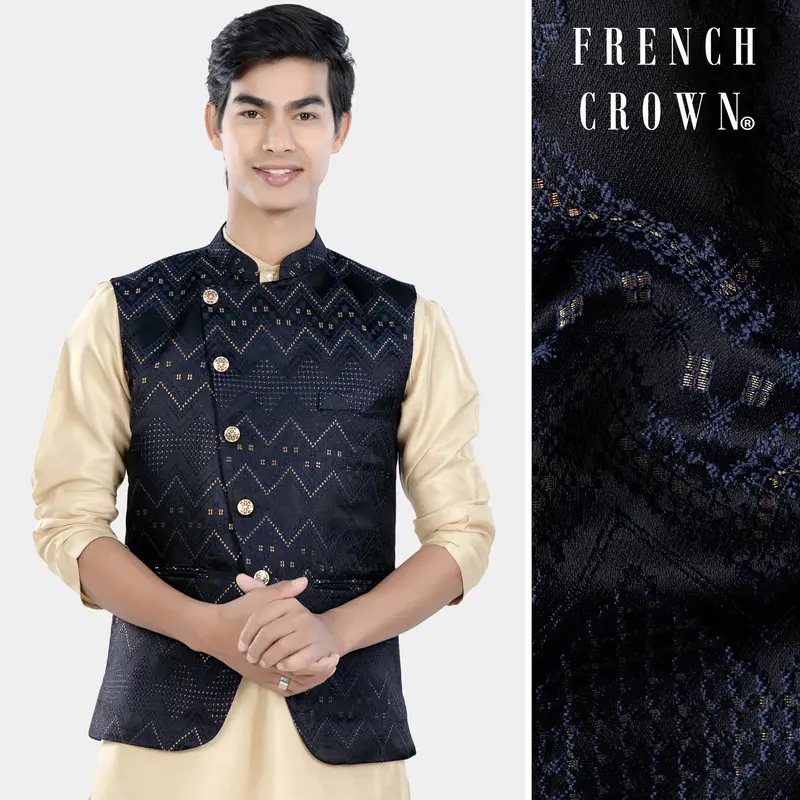 Bunker And Cloud Burst Blue Chevron Thread Embroidered Designer Nehru Jacket 1