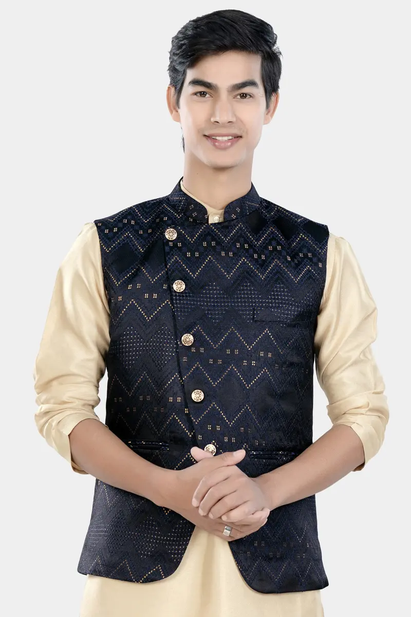 Bunker And Cloud Burst Blue Chevron Thread Embroidered Designer Nehru Jacket 2