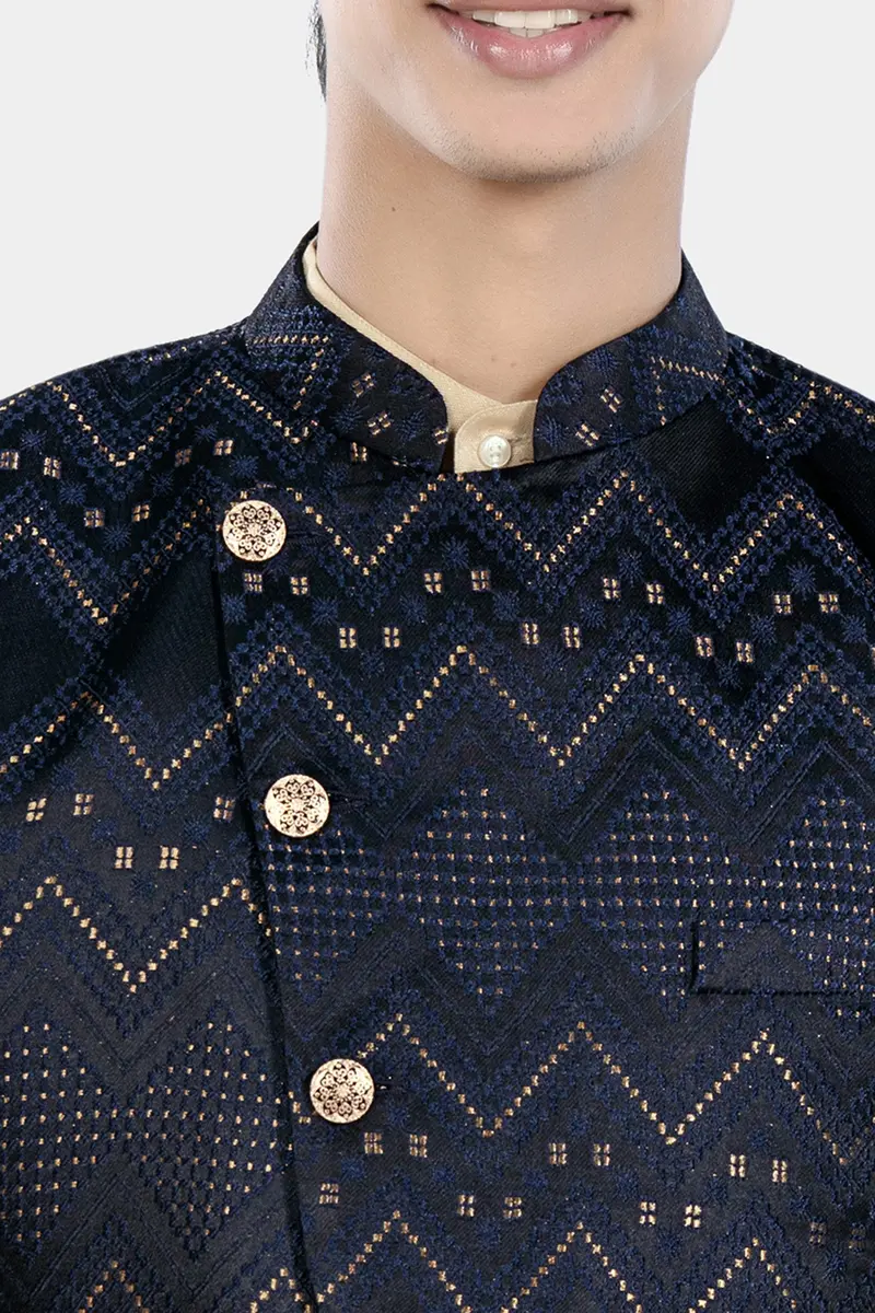 Bunker And Cloud Burst Blue Chevron Thread Embroidered Designer Nehru Jacket 4