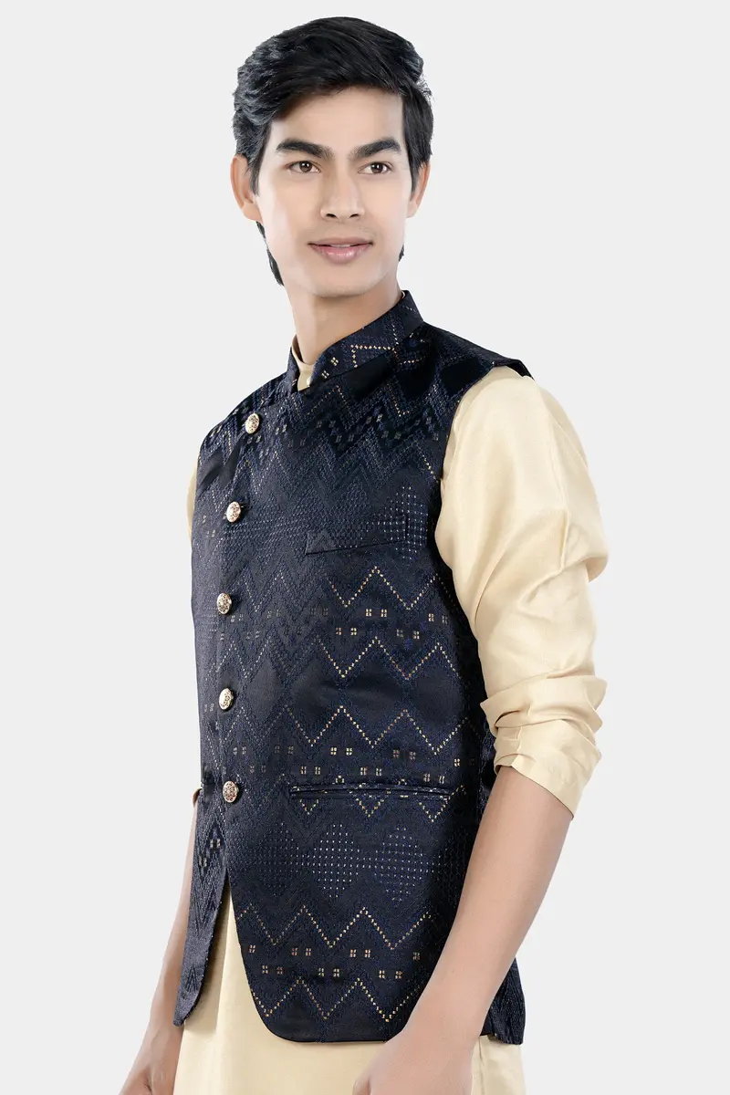 Bunker And Cloud Burst Blue Chevron Thread Embroidered Designer Nehru Jacket 5