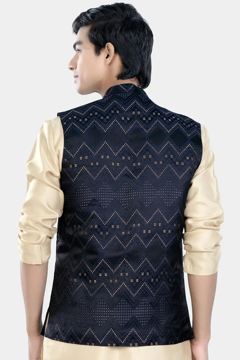 Bunker And Cloud Burst Blue Chevron Thread Embroidered Designer Nehru Jacket 6