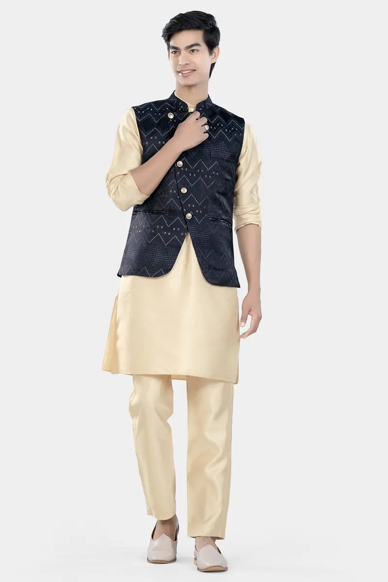 Bunker And Cloud Burst Blue Chevron Thread Embroidered Designer Nehru Jacket 7