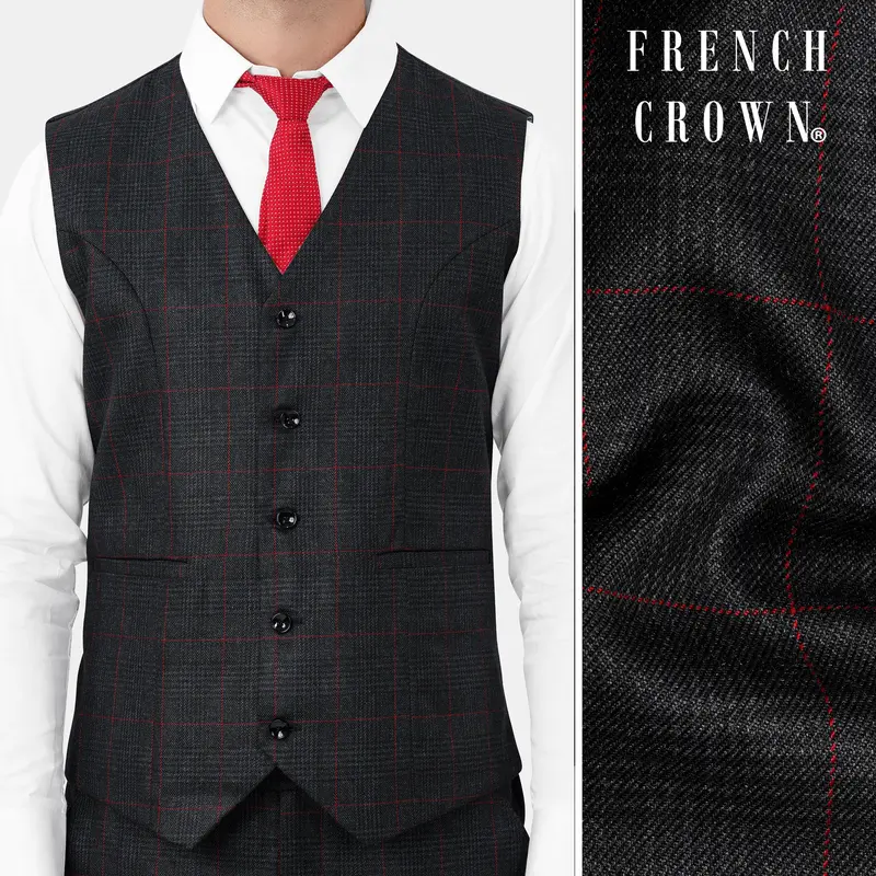 Bunker Black And Maple Red Windowpane Tweed Waistcoat 1