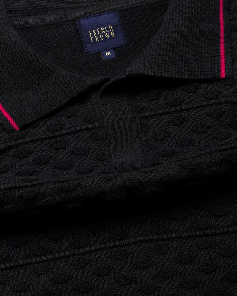 Bunker Black Jacquard Textured Flat-Knit Premium Cotton Polo 4