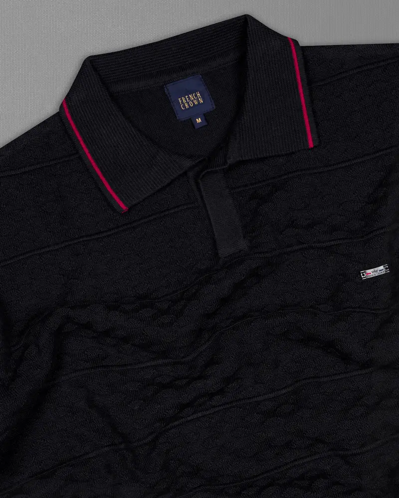 Bunker Black Jacquard Textured Flat-Knit Premium Cotton Polo 5