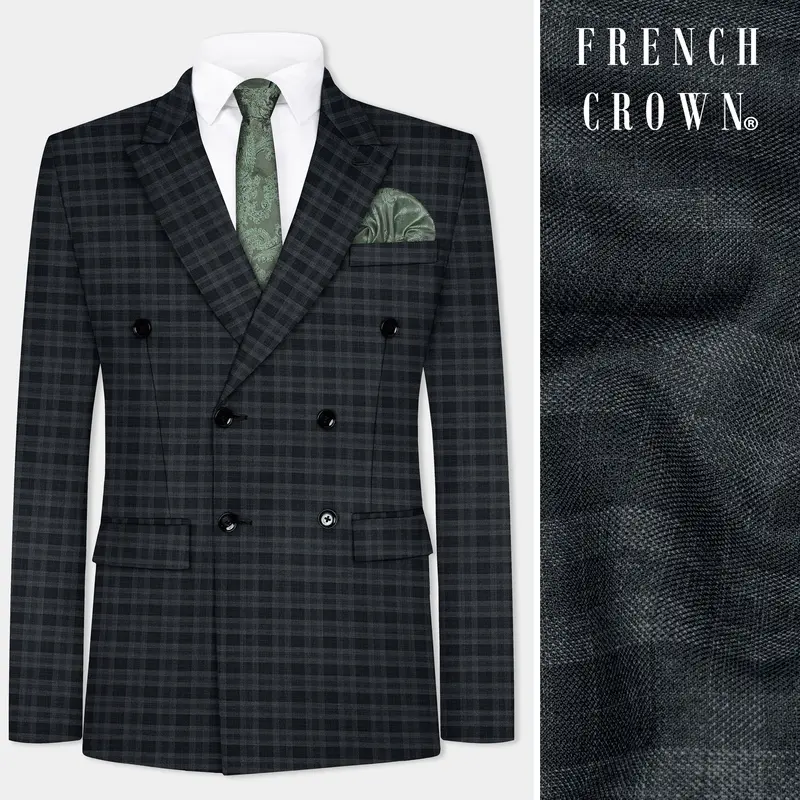 Bunker Gray With Vampire Plaid Wool Blend Double Breasted Blazer 1