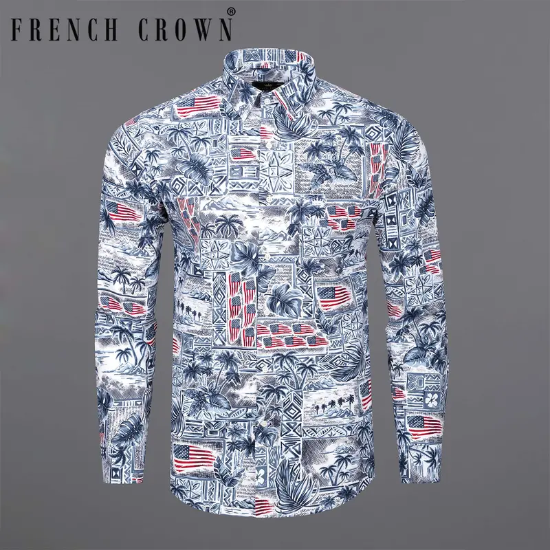 Bunting Blue And Spindle Blue Tropical Printed With American Flag Premium Cotton Shirt 1
