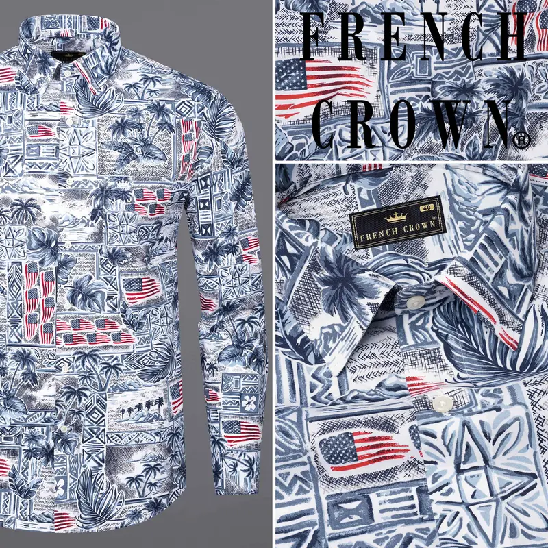 Bunting Blue And Spindle Blue Tropical Printed With American Flag Premium Cotton Shirt 11