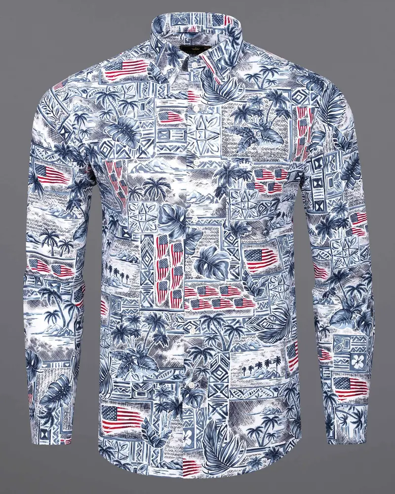 Bunting Blue And Spindle Blue Tropical Printed With American Flag Premium Cotton Shirt 2