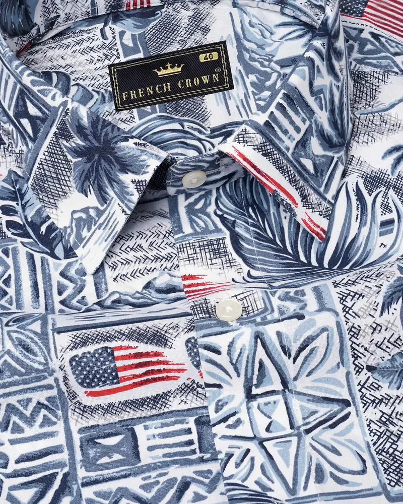 Bunting Blue And Spindle Blue Tropical Printed With American Flag Premium Cotton Shirt 4