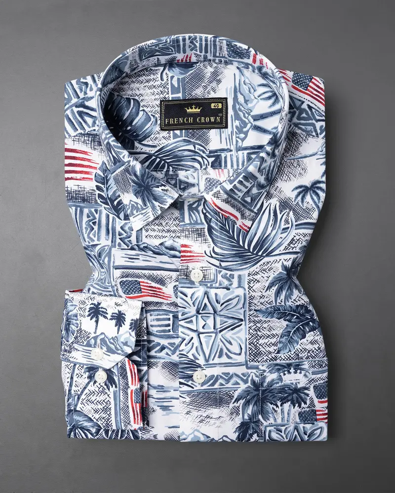Bunting Blue And Spindle Blue Tropical Printed With American Flag Premium Cotton Shirt 5
