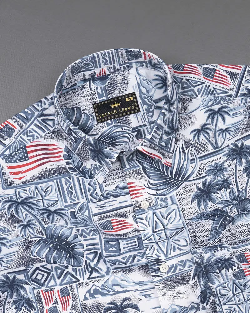 Bunting Blue And Spindle Blue Tropical Printed With American Flag Premium Cotton Shirt 6