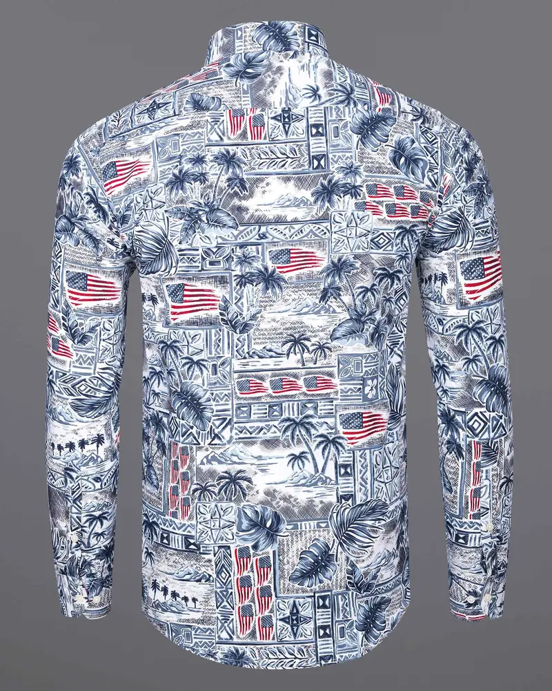 Bunting Blue And Spindle Blue Tropical Printed With American Flag Premium Cotton Shirt 7