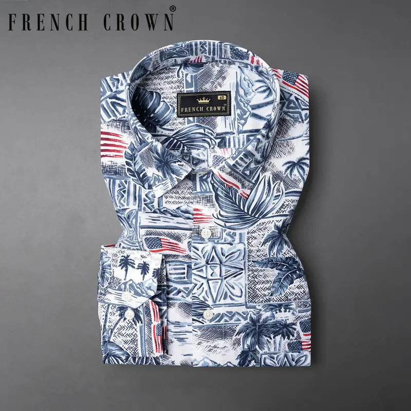 Bunting Blue And Spindle Blue Tropical Printed With American Flag Premium Cotton Shirt 8