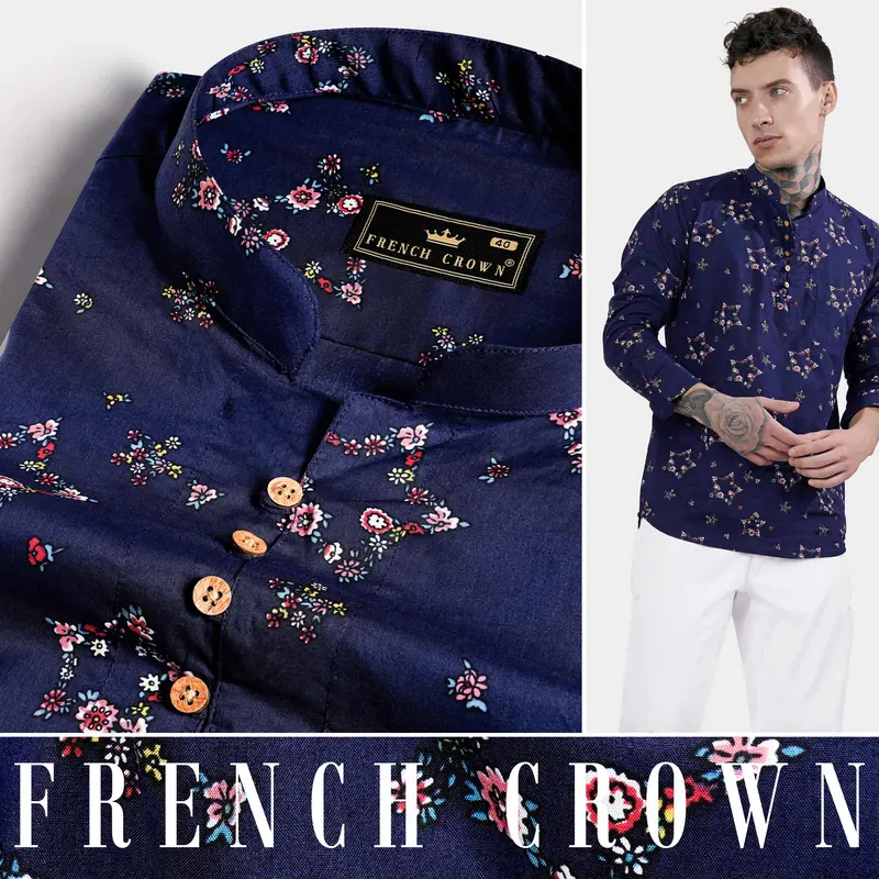 Bunting Blue Ditsy Printed Premium Cotton Kurta Shirt 5