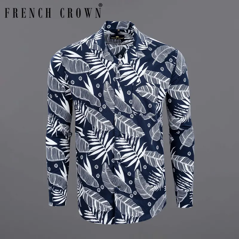 Bunting Blue Leaves Printed Premium Cotton Shirt 1