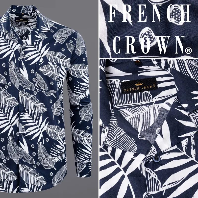 Bunting Blue Leaves Printed Premium Cotton Shirt 10