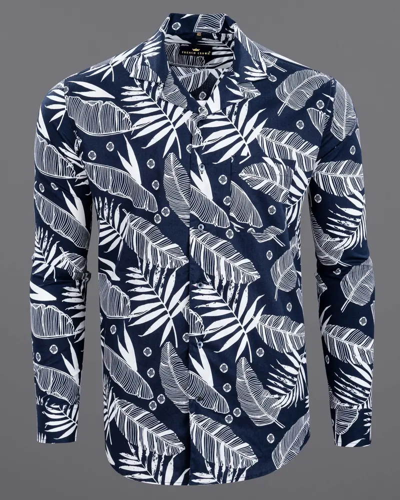 Bunting Blue Leaves Printed Premium Cotton Shirt 2