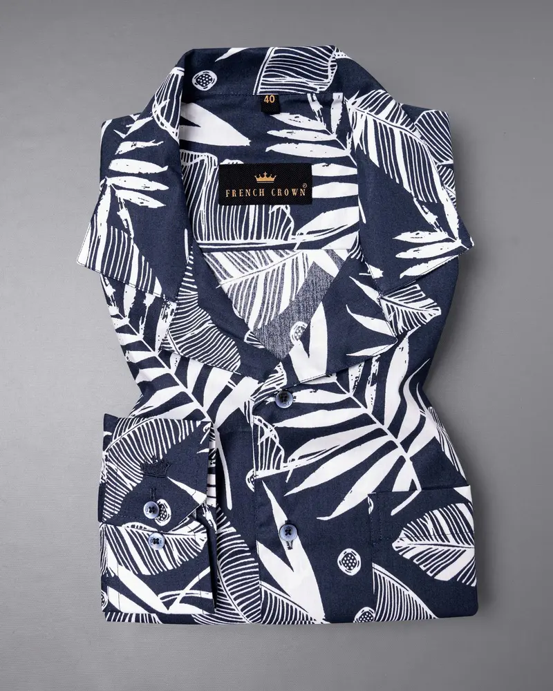 Bunting Blue Leaves Printed Premium Cotton Shirt 5