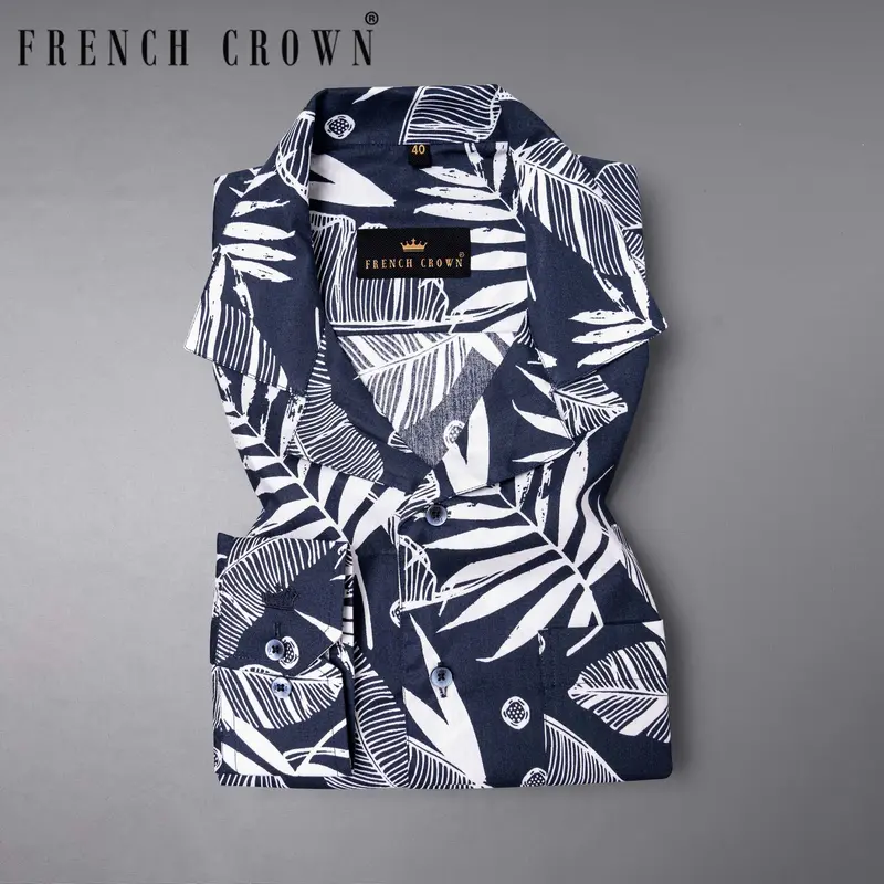 Bunting Blue Leaves Printed Premium Cotton Shirt 8