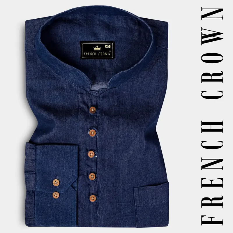 Bunting Blue Solid Super Soft Denim Premium Tencel Kurta Shirt 1