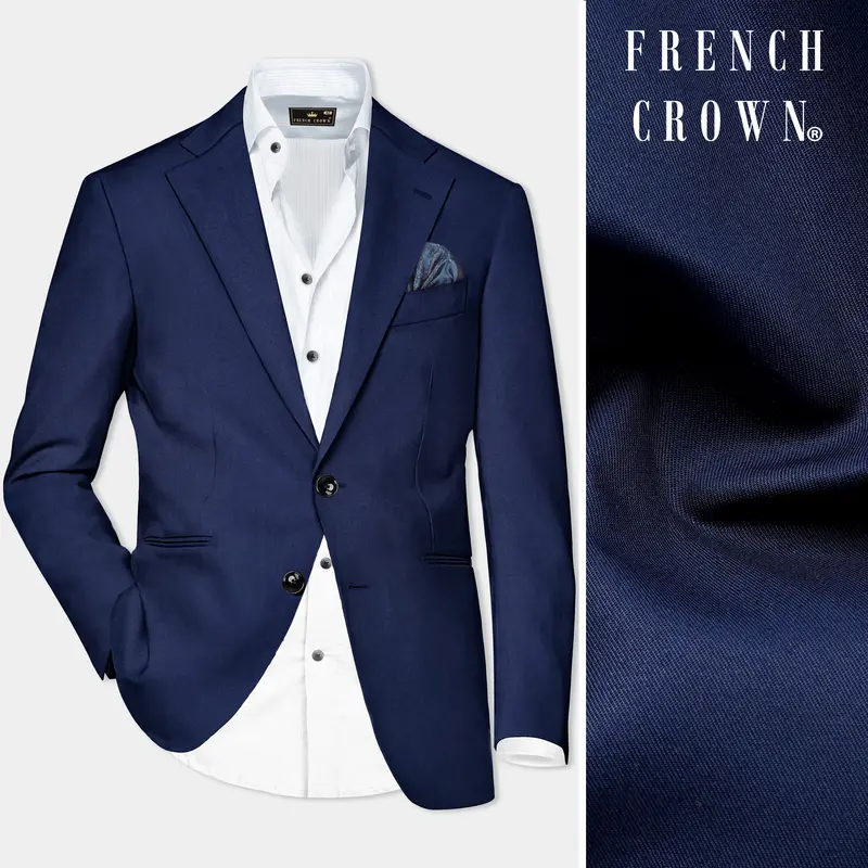 Bunting Blue Solid Wool Rich Single Breasted Blazer 1