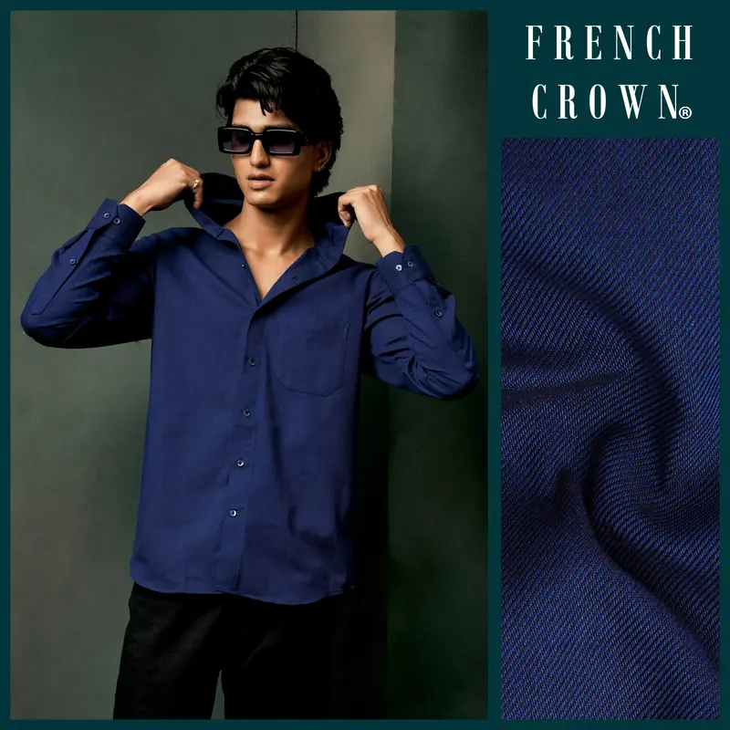 Bunting Blue Textured Heavyweight Twill Premium Cotton Designer Hoddie Shirt 9