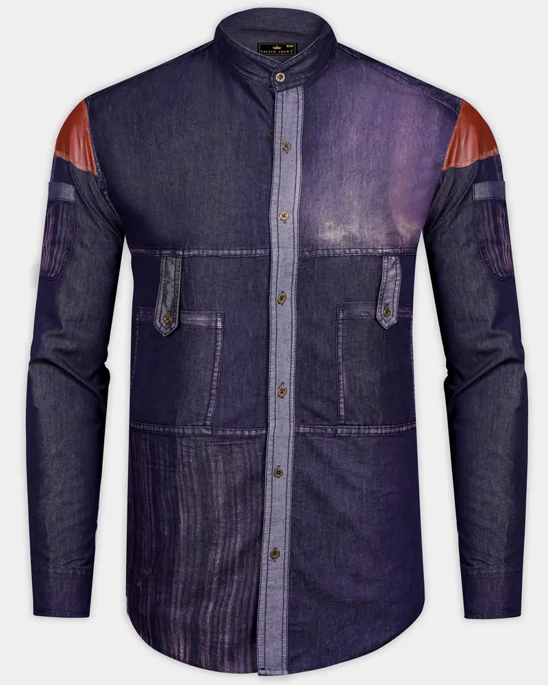 Bunting Blue With Opium Rusted Denim Designer Shirt With Leather Patch Work 1