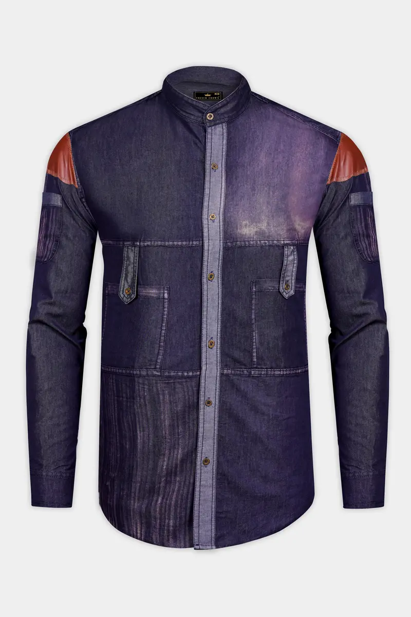Bunting Blue With Opium Rusted Denim Designer Shirt With Leather Patch Work 2
