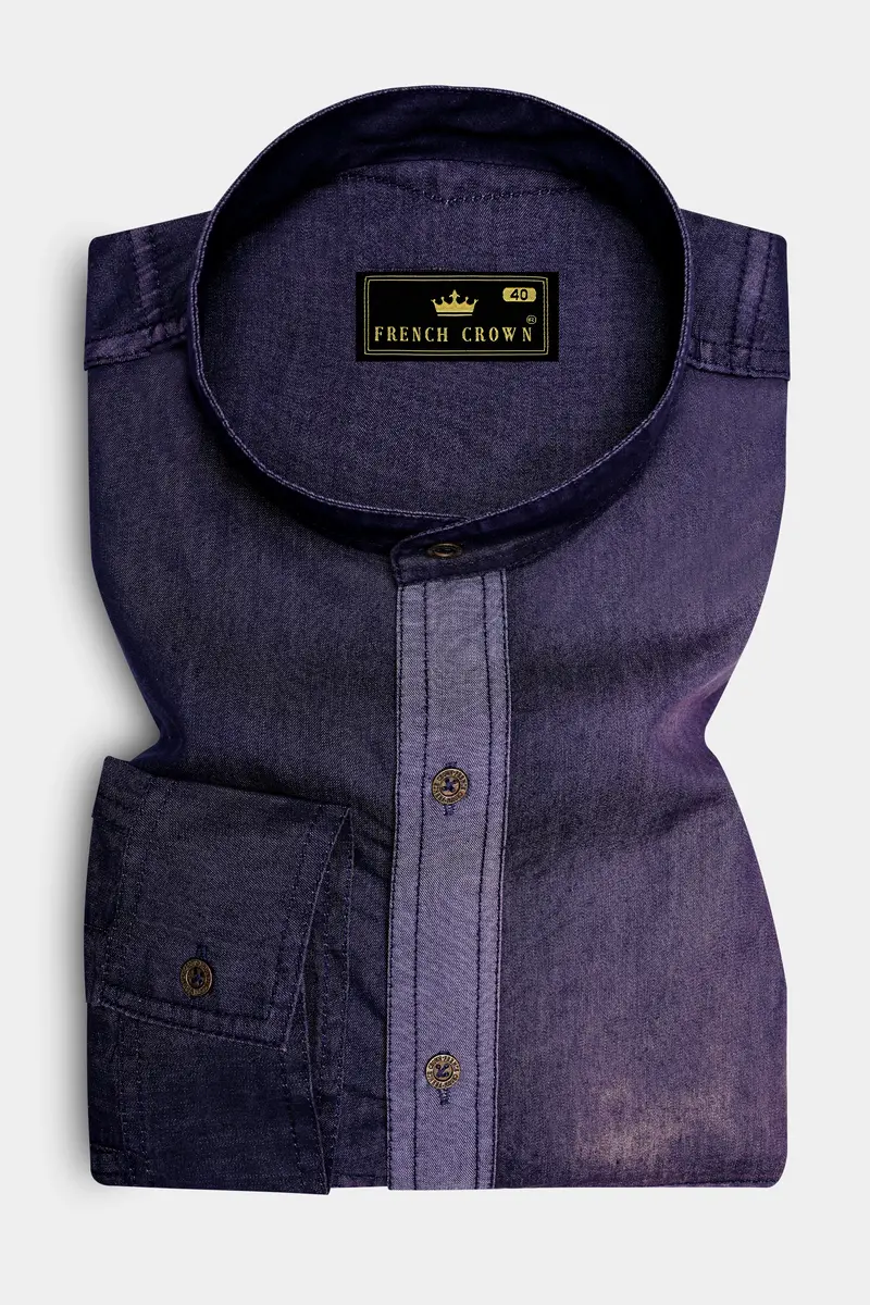 Bunting Blue With Opium Rusted Denim Designer Shirt With Leather Patch Work 5