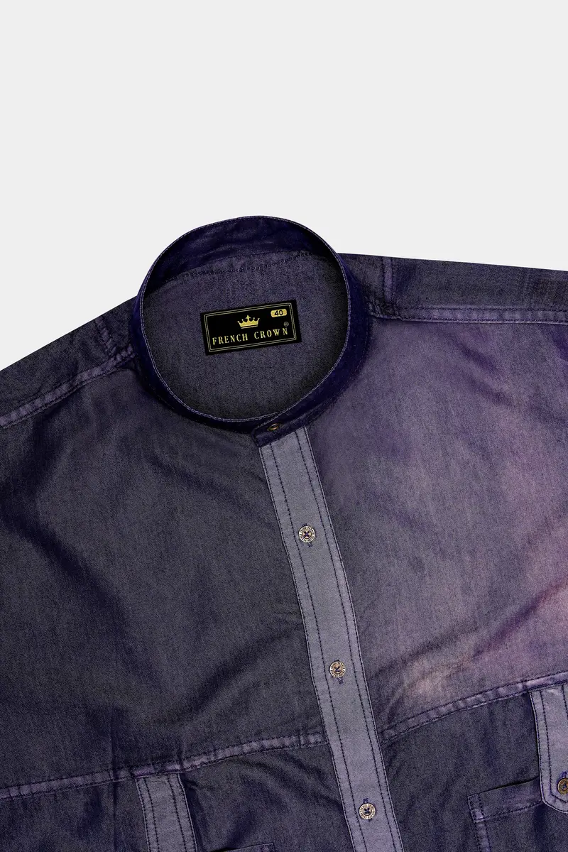 Bunting Blue With Opium Rusted Denim Designer Shirt With Leather Patch Work 6