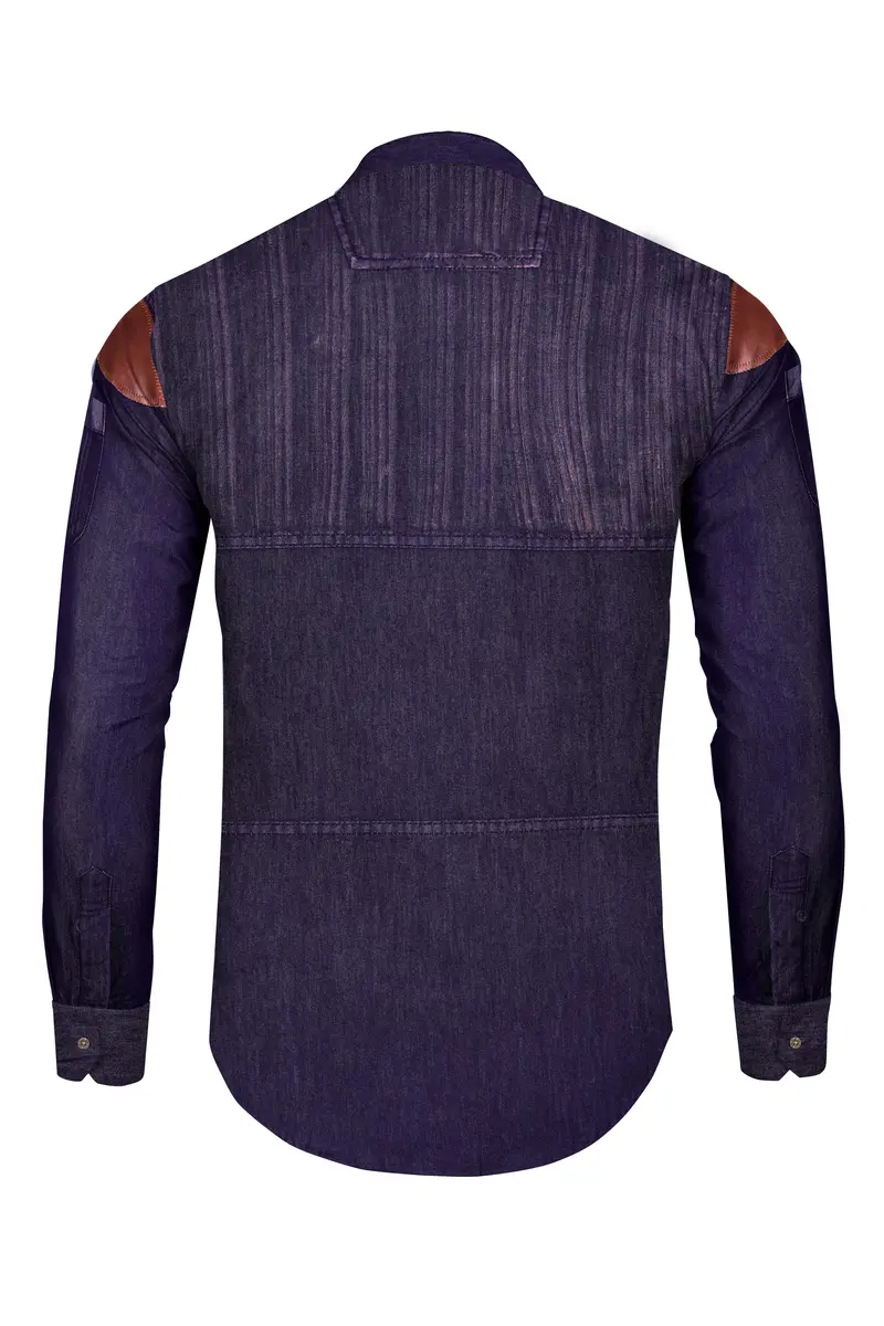 Bunting Blue With Opium Rusted Denim Designer Shirt With Leather Patch Work 7
