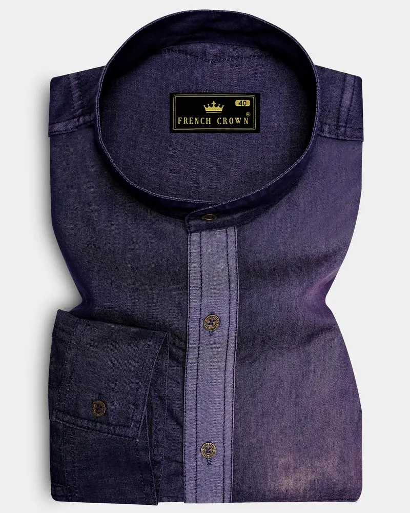 Bunting Blue With Opium Rusted Denim Designer Shirt With Leather Patch Work 8