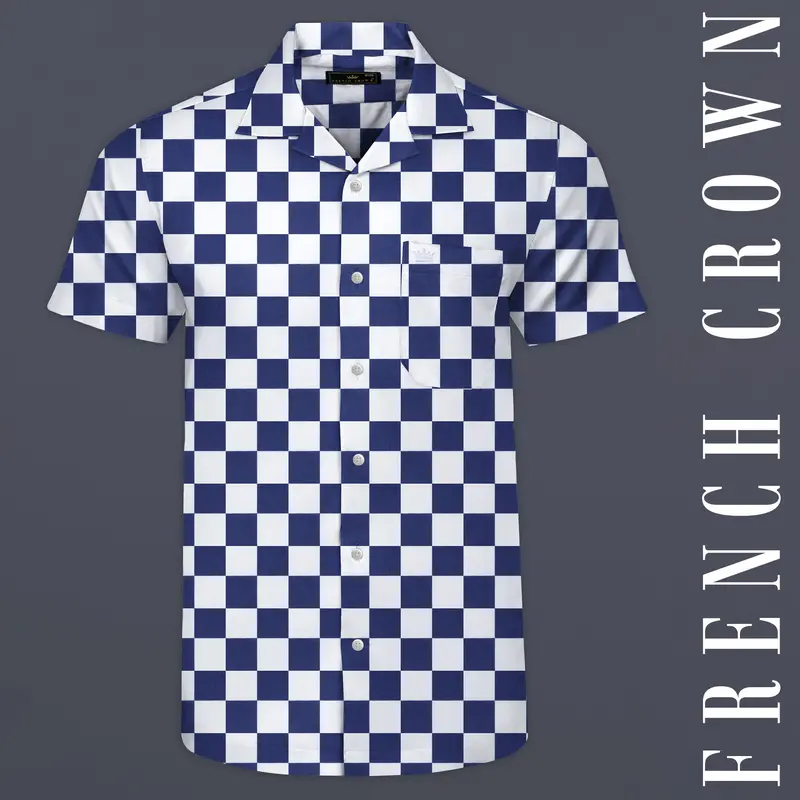 Bunting Blue With White Chess Board Printed Poplin Cotton Shirt 1