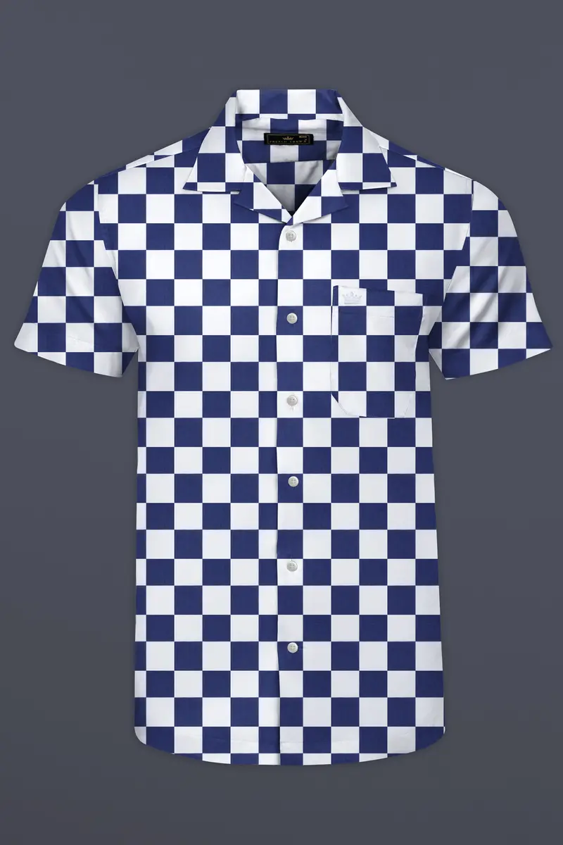 Bunting Blue With White Chess Board Printed Poplin Cotton Shirt 2