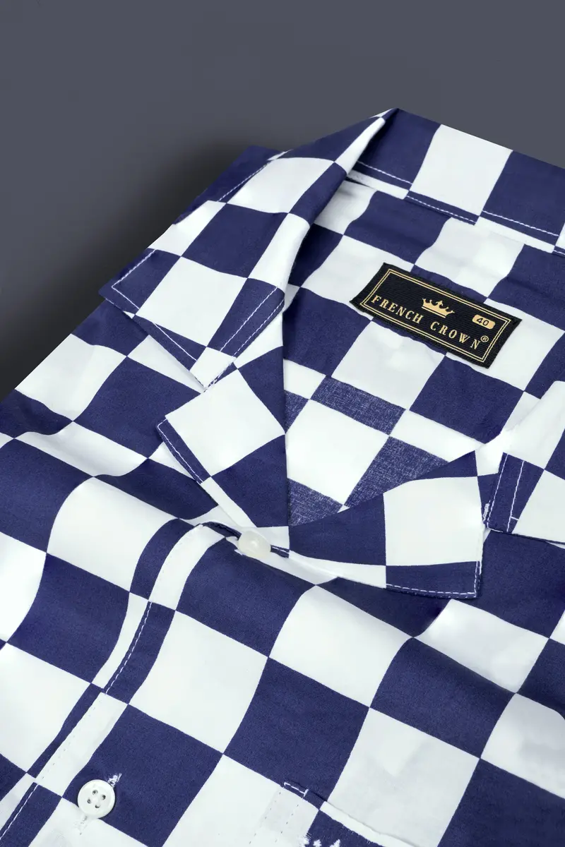 Bunting Blue With White Chess Board Printed Poplin Cotton Shirt 4