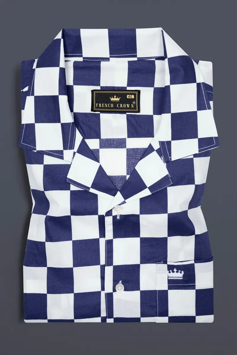 Bunting Blue With White Chess Board Printed Poplin Cotton Shirt 5