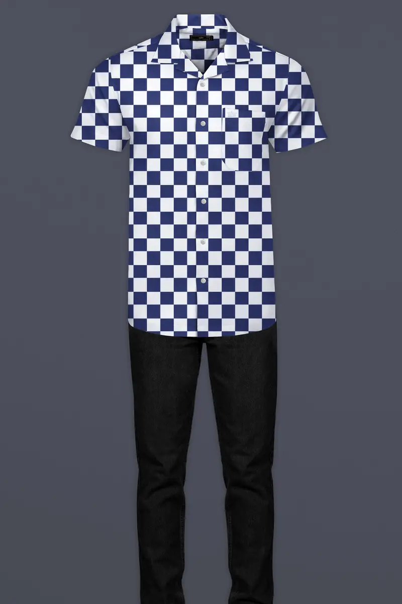 Bunting Blue With White Chess Board Printed Poplin Cotton Shirt 7