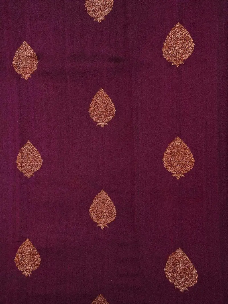 Burgandy Banarasi Saree With Leaf Motif On The Body With Zari Border 2