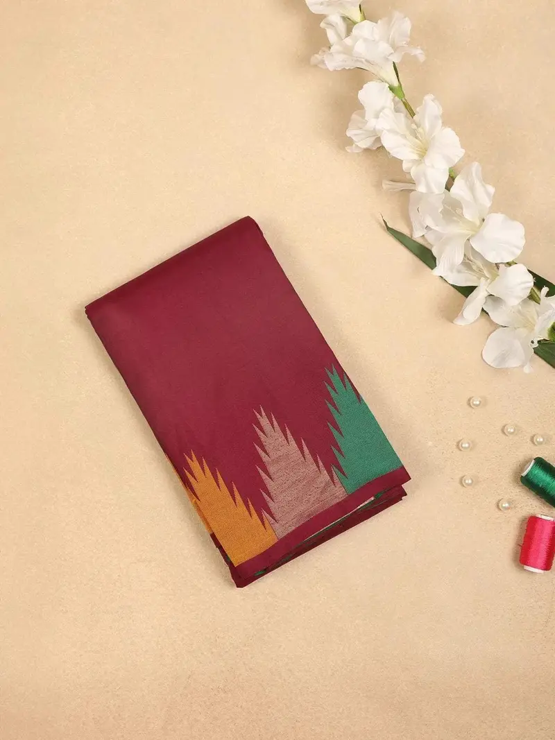 Burgandy Pure Kanchipuram Bridal Silk Saree With Plain Body Design With Temple Design Border 1