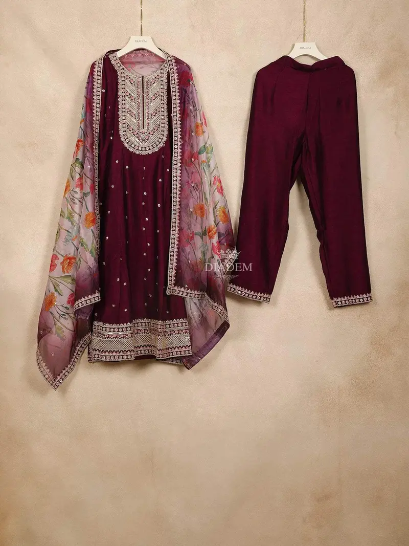 Burgandy Straight Cut Salwar Suit Adorned With Sequins And Floral Design Paired With Dupatta 1