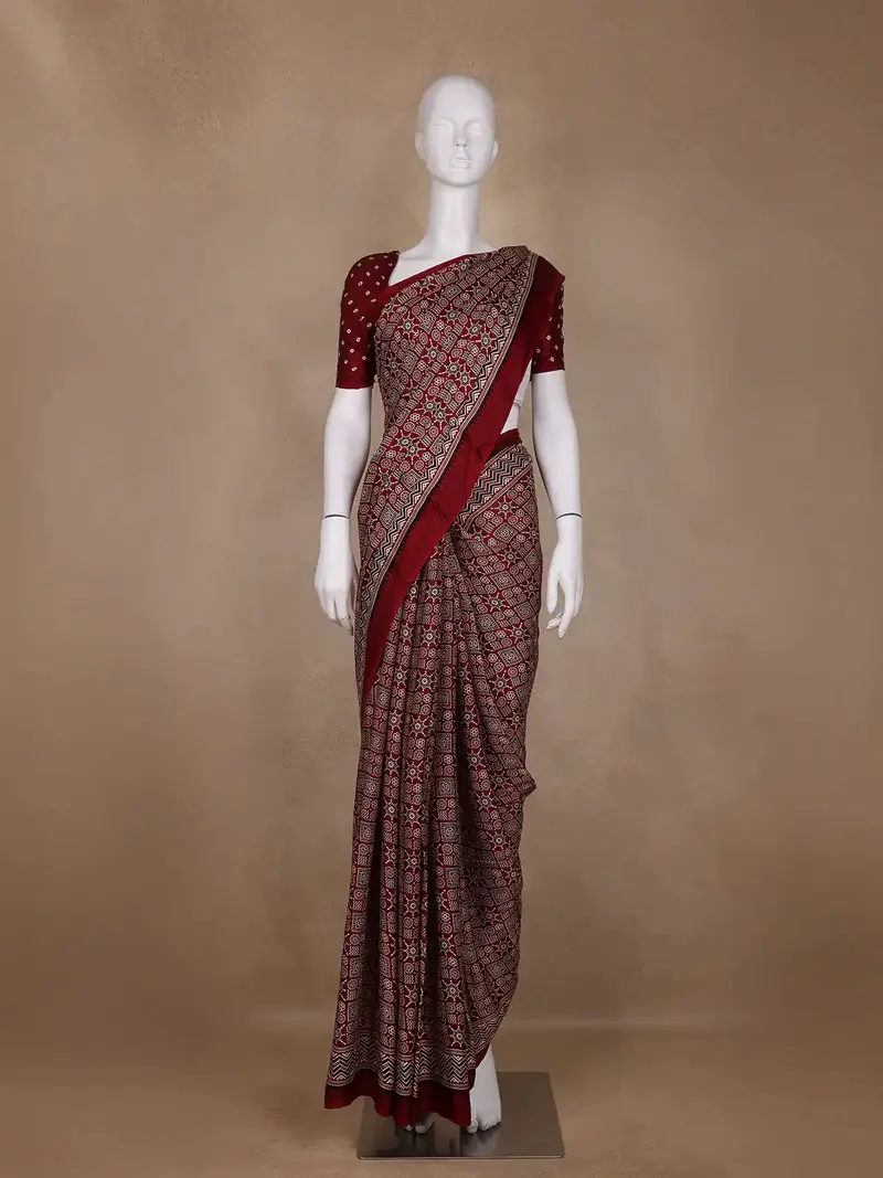 Burgundy Ajrak Print Mul Mul Cotton Saree 1