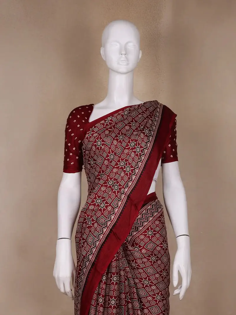 Burgundy Ajrak Print Mul Mul Cotton Saree 2
