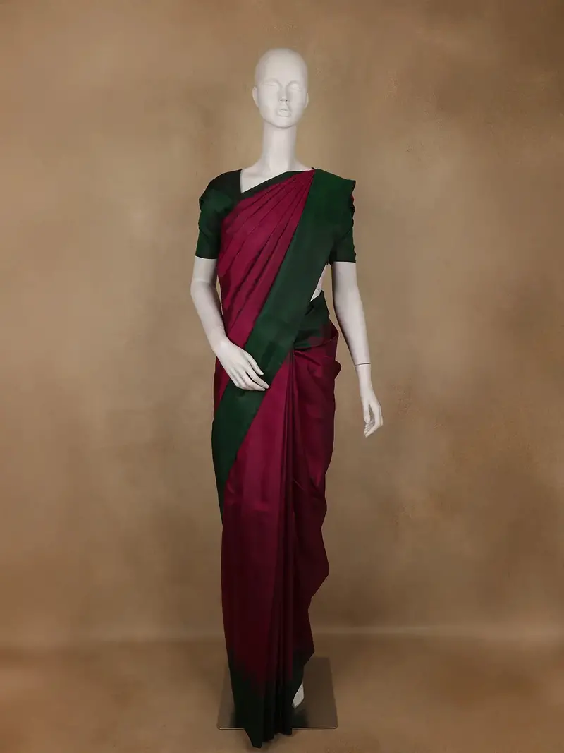 Burgundy And Bottle Green Dual-Tone Handwoven Silk Saree 1