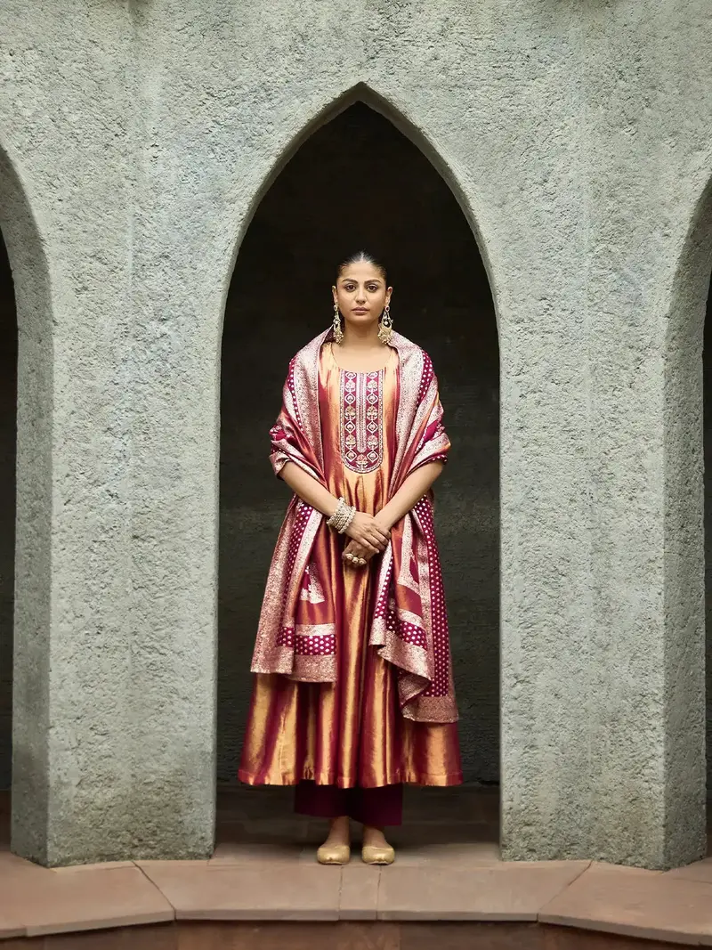 Burgundy And Gold Floral Embroidered Tissue Silk Anarkali Salwar Suit 1